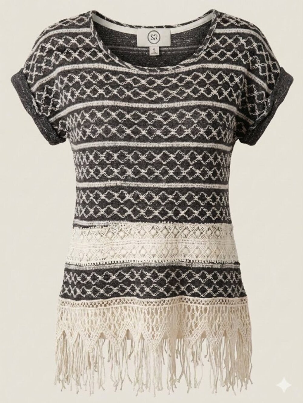 Sloane Rouge Gray White Textured Embroidered Lightweight Boho Sweater 3279